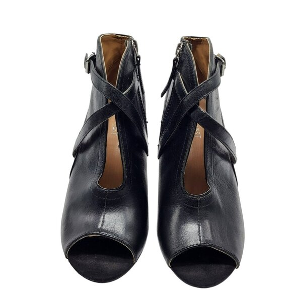 Nine West Gaige Open Toe Black Leather Heeled Bootie Women Size 7.5 Side Zip - Picture 2 of 11